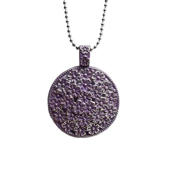 Purple Patina Floral Pendant Medallion Ball Chain Shiny Silver Tone Handmade - Picture 1 of 10